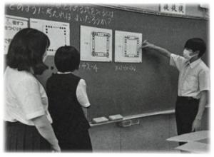 黒板の前で話し合う生徒